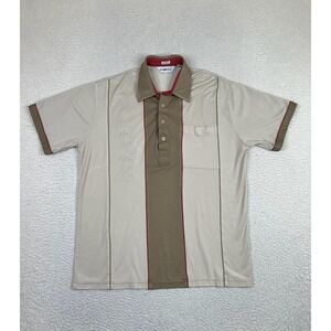 VTG Gabicci Polo Shirt Mens Large Beige Brown Red Two Tone Vertical Stripe Retro